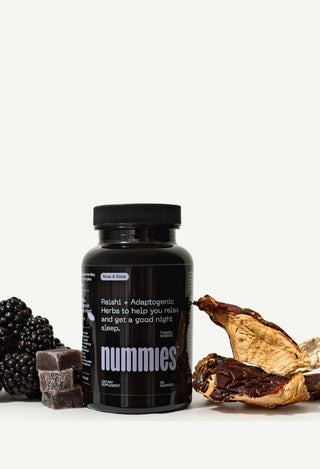 Display of a bottle of Relax and Sleep Functional Gummies with Reishi Mushroom and Blackberries