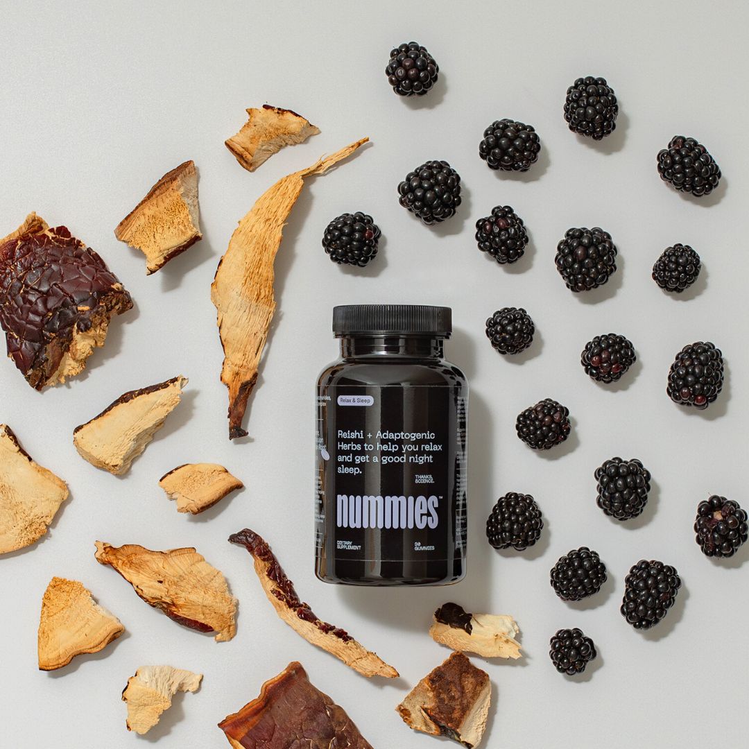 Flay lay of mushroom gummy bottle with ingredients