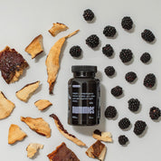 Flay lay of mushroom gummy bottle with ingredients